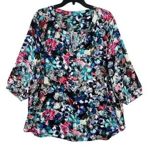 NYDJ Pintuck Floral Blouse Womens 2X Artsy Abstract Romantic Flowy Popover